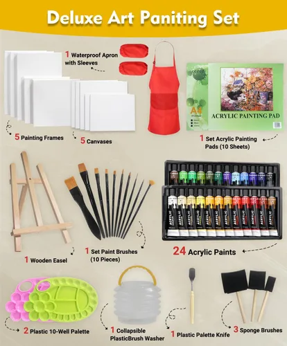Miniatura 2 de Kit de Pintura Acrílica Colorful Juego de Pintura para Niños de 64 Piezas con Caballete de Nogal, Pintura Acrílica de 24 Colores, Lienzo, Paleta
