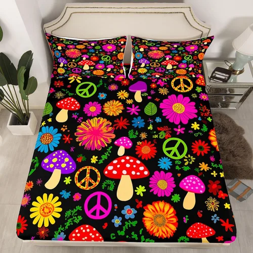 Miniatura 14 de Juego de ropa de cama de flores Groovy de los años 70, sábana bajera ajustable de flores de arco iris para niños y niñas, sábanas de ropa de cama