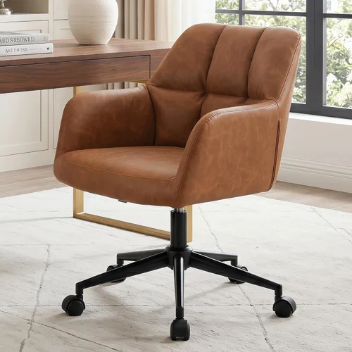 Silla de escritorio de cuero marrón con respaldo medio, apoyabrazos, silla de oficina con soporte ajustable de altura, silla giratoria de 360° con