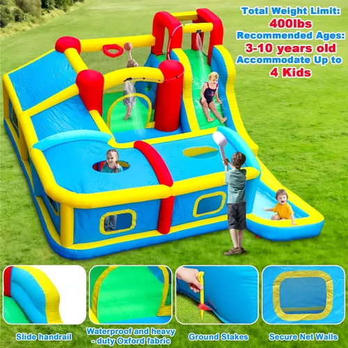 Miniatura 2 de WELLFUNTIME Parque inflable de tobogán acuático con soplador, castillo hinchable de 156 x 143 x 75 pulgadas con tobogán, escalada en roca, piscina
