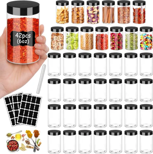 Hajoyful Tarros de plástico con tapas de 6 onzas, 42 recipientes pequeños vacíos para cosméticos, tarros de comida transparentes para regalo, tarros