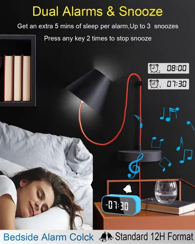 Miniatura 3 de AFK Reloj despertador digital con altavoz Bluetooth, reloj de escritorio para dormitorios, reloj de mesa pequeño con alarma dual, repetición, Azul