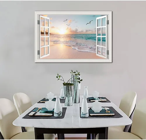 Miniatura 4 de Cuadro de pared de playa tropical para sala de estar, lienzo estilo marco de ventana, decoración de pared, palmera, impresión artística costera