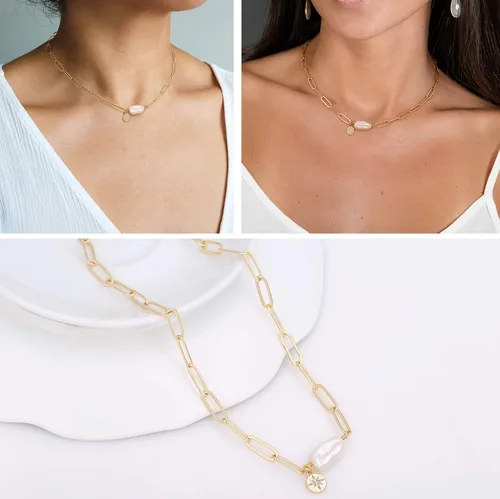 Miniatura 5 de Gargantilla de oro de 18 quilates, joyería delicada para mujeres de 16 pulgadas, con dije, cadena de eslabones