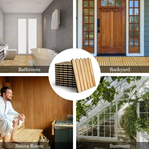 Miniatura 7 de Giantex Azulejos entrelazados para terrazas de patio, azulejos de madera de acacia, montaje sin herramientas, adoquines de patio compuestos
