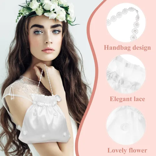 Miniatura 2 de NOLITOY Bolsa de dinero de boda nupcial de satén para adolescente Dama de honor de novia blanca con flores de satén decoradas bolso para baile