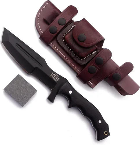 Miniatura 15 de GCS - Cuchillo de caza de acero D2 hecho a mano G10, mango fijo, cuchillo de hoja fija, mano derecha, funda de cuero de búfalo y piedra de afilar