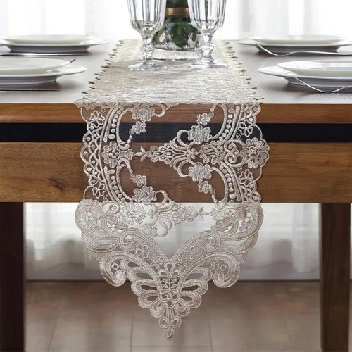 Camino de mesa de encaje, macramé, bordado floral, vintage, exquisitos caminos de mesa florales para comedor, boda, fiesta de vacaciones (champán,