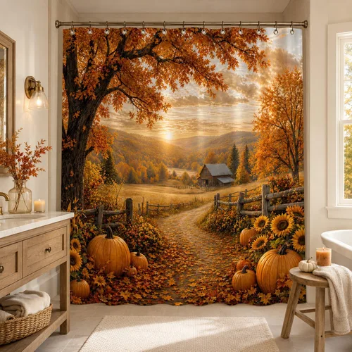 Miniatura 4 de Autumn Pumpkin Shower Curtain, Fall Farmhouse Bathroom Curtain, Thanksgiving Harvest Sunflower Maple Leaves Country Road Waterproof Polyester Fabric