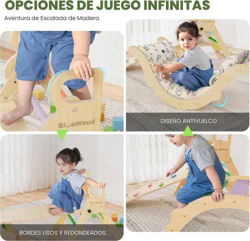 Miniatura 5 de BlueWood Set de Triángulo Pikler con Cojín, Juguetes de Escalada 8-en-1 para Niños Pequeños, Gimnasio de Juegos con Filosofía Montessori con Arco