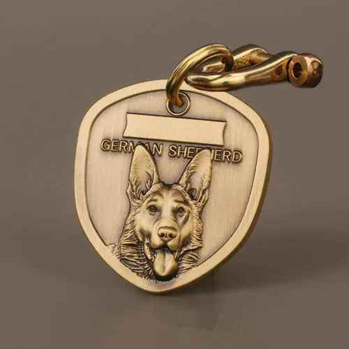 Etiquetas de perro de cobre puro para mascotas grabadas con pastor alemán, diseño tridimensional de mascotas, etiquetas de identificación