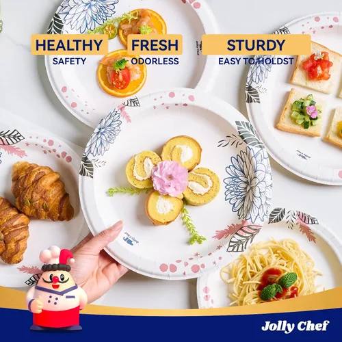Miniatura 6 de JOLLY CHEF Platos de papel desechables resistentes con estampado de flores, a prueba de remojo, cortes, resistentes para uso diario