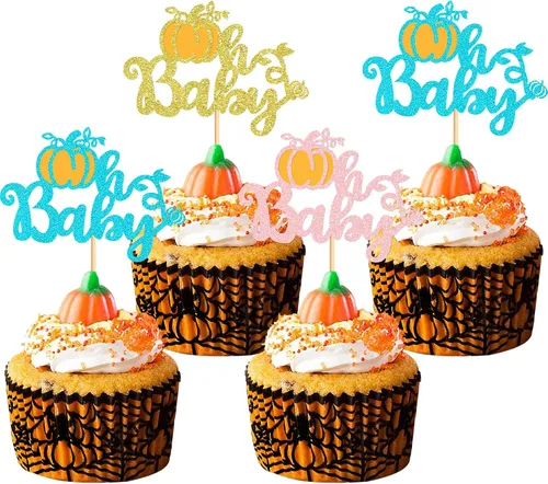 Miniatura 12 de Ercadio Paquete de 24 adornos de calabaza para cupcakes con purpurina de cosecha de otoño, calabaza, cupcakes, decoraciones para calabaza, tema