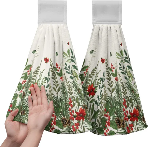 Miniatura 25 de Juego de 2 toallas de cocina colgantes de hojas tropicales de verano, color verde, hojas de palmera, con bucles para colgar, suaves y absorbentes