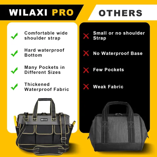 Miniatura 5 de Bolsa de herramientas de 20 pulgadas para hombres con base moldeada impermeable, bolsa de boca ancha de alta capacidad, bolsas de herramientas
