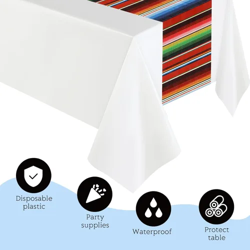 Miniatura 3 de Hosuly Mantel de plástico para fiesta mexicana, 6 unidades, 54 x 108 pulgadas, mantel de plástico a rayas para decoraciones de fiesta mexicana Fondo