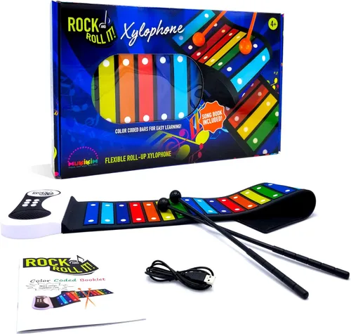 Rock and Roll It - Xilófono arcoíris. Almohadilla electrónica portátil y flexible de tamaño estándar con 22 barras codificadas por colores y folleto