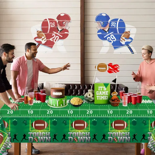 Miniatura 5 de Paquete de 4 manteles de fútbol americano, fundas para mesa de cumpleaños, fiesta temática de fútbol, mantel desechable para mesa de retorno