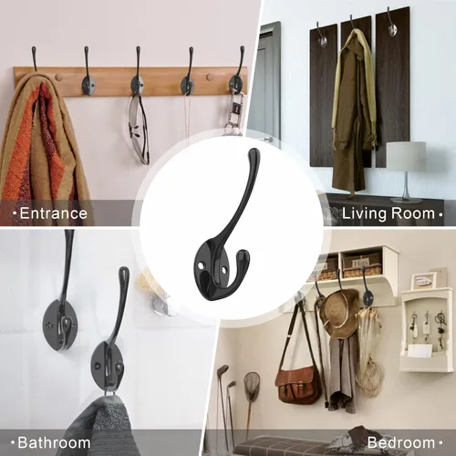 Miniatura 2 de Ganchos de pared de metal resistentes para abrigos, paquete de 10 ganchos negros montados en la pared con 20 tornillos, ganchos dobles para abrigo