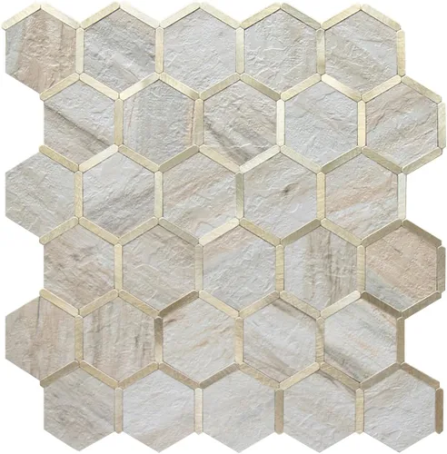 Miniatura 20 de DICOFUN 1 lámina de loseta adhesiva en muro de mármol gris largo octogonal, azulejos adhesivos de piedra falsa de PVC con metal plateado para pegar