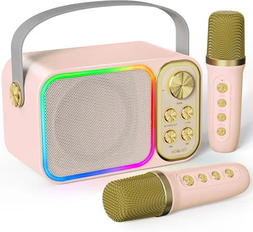 Máquina de Karaoke Infantil LED - Altavoz Bluetooth Portátil y Micrófonos | Regalos de Elefante Blanco | Relleno de Media de Navidad | Juguetes de