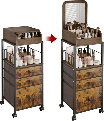 Carrito organizador de maquillaje con espejo de tocador, organizadores de cuidado de la piel de piso, organizador de maquillaje, organizador de