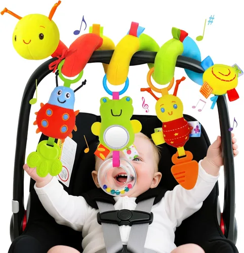 Miniatura 9 de Juguetes en Espiral para Asiento de Coche para Bebés, Juguetes Colgantes de Actividad para Cochecito de 0-6 Meses, Juguete Sensorial de Alto Blanco