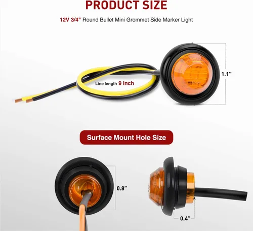 Miniatura 2 de Nilight juego de 10 luces LED redondas de 3/4 de pulgada, miniluces LED redondas, luces de gálibo delanteras, traseras y laterales, luces Rojo+Ámbar