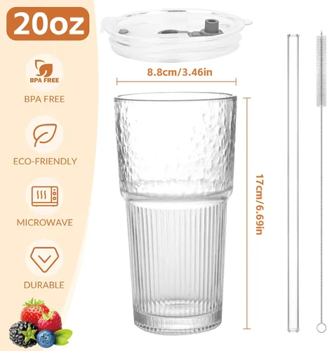 Miniatura 2 de Tazas de vidrio de 20oz con tapas y pitillos, 2 piezas de tazas de vidrio con tapas y pitillos, tazas de café helado con tapa, vasos para jugo
