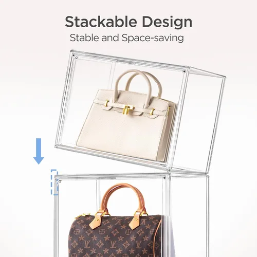 Miniatura 23 de HBlife Paquete de 3 organizadores de almacenamiento de bolsos para armario, caja de exhibición mediana transparente apilable con puerta magnética