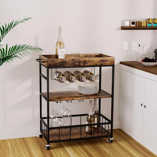 Miniatura 7 de Carro de servicio para bar con soporte para vino de 3 niveles para el hogar, con ruedas, móvil, estilo industrial vintage, carretilla de servicio