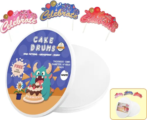 Miniatura 12 de Tambores para Pasteles de 8 Pulgadas con Decoración Superior de Banner para Pastel - Base para Pastel Redonda Blanca (Paquete de 3) Bases