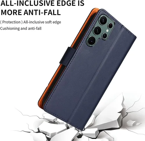 Miniatura 7 de Funda compatible con Samsung S22 Ultra, de piel auténtica, con bloqueo RFID, función atril, cierre magnético fuerte, ranuras para tarjetas