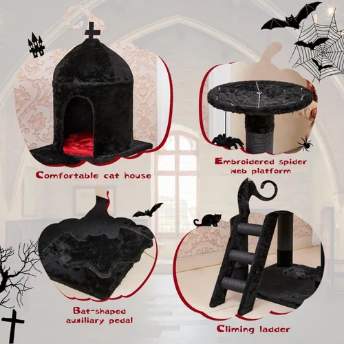 Miniatura 6 de YARUOMY - Árbol gótico para gatos con cama de ataúd, torre para gatos de 55" con amplio condominio para gatos, postes para rascar, bola colgante