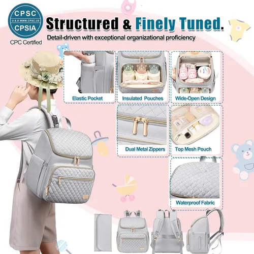 Miniatura 5 de Weitars Mochila para pañales grande con cambiador, mochila para pañales de viaje, bolsa de bebé para niños y niñas, correas de cochecito, 5 Gris