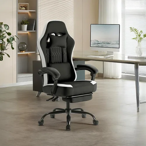 Miniatura 2 de NEWBULIG Silla de escritorio para videojuegos, silla de oficina de respaldo alto con reposapiés y reposacabezas, cómodo soporte lumbar ergonómico