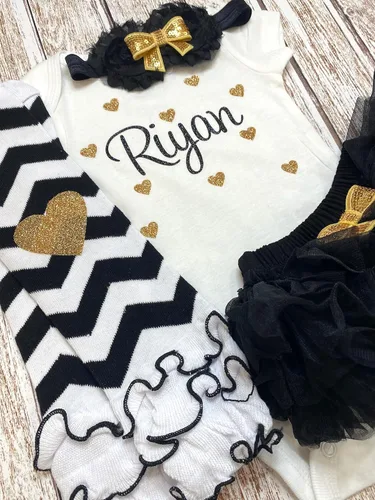 Miniatura 2 de Traje personalizado de baby girl para baby shower, con nombre personalizado con purpurina y corazón, tutú con diadema y calentadores de piernas