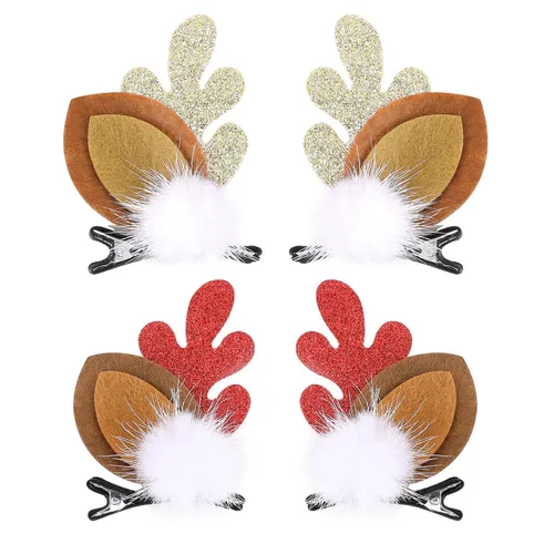 Boobeen Pinza de Pelo Navideña - 2 Pares Lindas Orejas de Reno, Accesorio de Pelo con Cuernos, Diadema, Pasador para Fiesta de Navidad