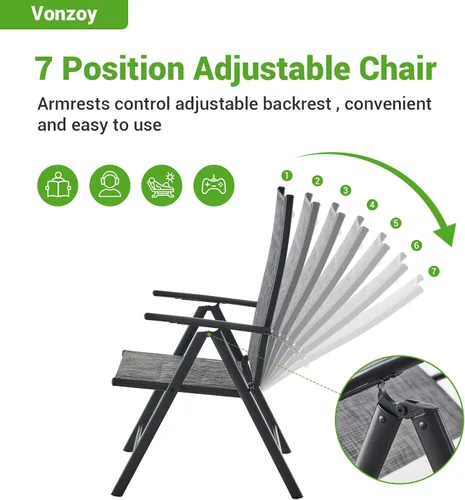 Miniatura 5 de Juego de 2 sillas plegables para patio, sillas de patio al aire libre con asiento acolchado de algodón de textileno suave y respaldo ajustable de 7