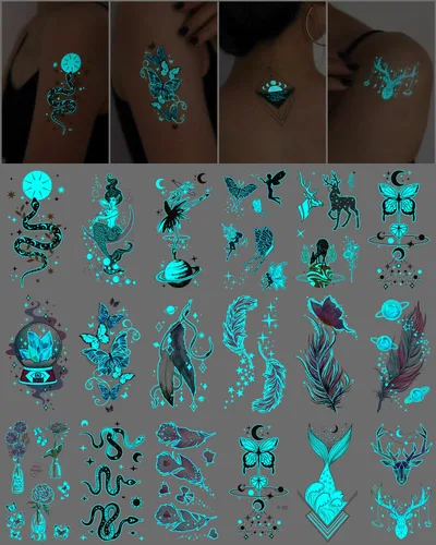 Miniatura 9 de 20 hojas de tatuajes temporales de mariposa que brillan en la oscuridad para mujeres, flores luminosas, mariposas, alas de tatuaje, calcomanías
