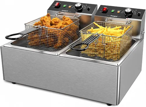 Freidora comercial, freidora eléctrica de 3400 W con cestas, freidora de aceite de encimera de acero inoxidable grueso, freidora eléctrica de