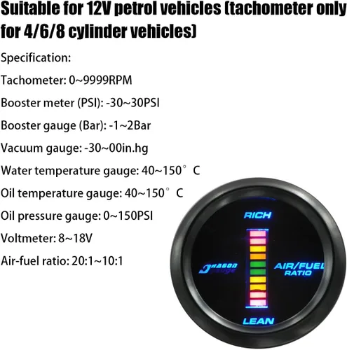 Miniatura 3 de AUCELI - Medidor de relación aire/combustible digital para coche, kit de medidor universal, 2" 52mm y pantalla LED azul