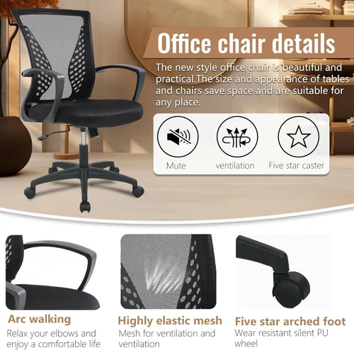 Miniatura 6 de Silla de oficina FDW para el hogar, con respaldo de altura media, para computadora, con soporte lumbar giratorio, ajustable, para trabajo, Negro