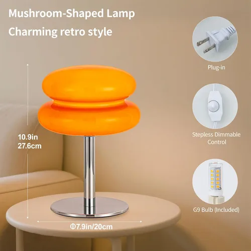 Miniatura 2 de Lámpara vintage de hongos, lámpara de cristal naranja con base de metal, lámpara de mesita de noche regulable para dormitorio, sala de estar