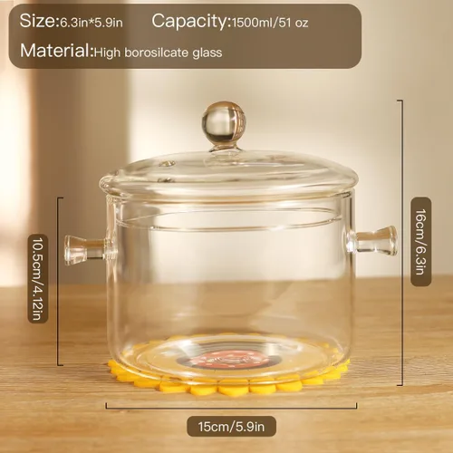 Miniatura 3 de Olla de Vidrio Transparente para Cocinar con Tapa, Cepillo y Almohadillas Térmicas de Silicona para Estufa - 1.5L (51oz) Olla de Vidrio