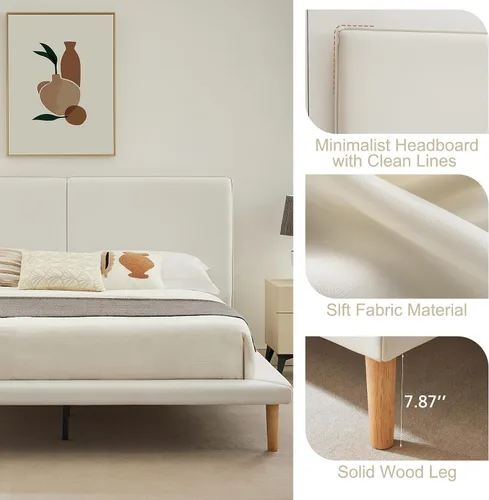 Miniatura 3 de VELOCAVA Base de cama de plataforma tamaño Queen con rieles laterales de 5.9 pulgadas de ancho, cama tapizada beige con cabecero, estilo escandinavo