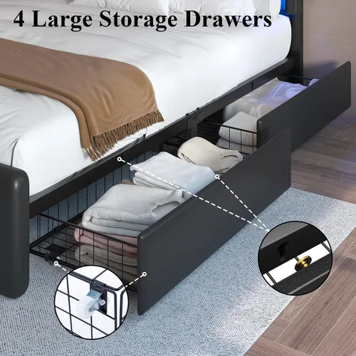 Miniatura 5 de LoVinson Base de cama tamaño completo con 4 cajones de almacenamiento, camas de plataforma de metal con cabecera ajustable, estación de carga Negro