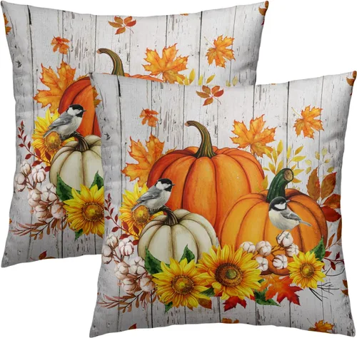 Giwawa Juego de 2 fundas de almohada de calabaza otoñal de 16 x 16 pulgadas, fundas de cojín de algodón de madera de girasol para sofá, patio