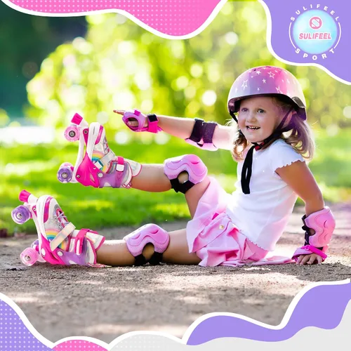 Miniatura 6 de SULIFEEL Rainbow Unicorn - Patines ajustables de 4 tamaños para niñas y niños de 3-5, 5-8, 6-12 años, patines para interiores y exteriores F rosado