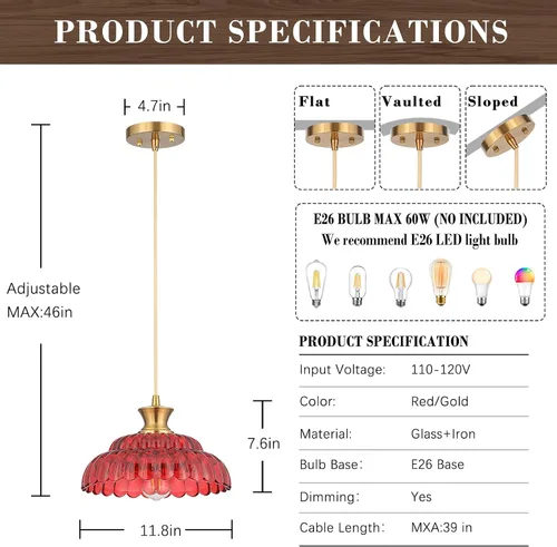 Miniatura 6 de Lámpara colgante de cristal rojo, 11.8 pulgadas, iluminación colgante vintage de vidrio dorado cepillado, lámpara de techo colgante moderna